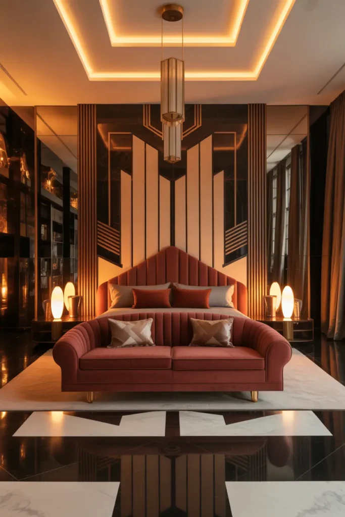 A bold, stylish art deco living room and bedroom combo lit by warm ambient lighting. The space features geometric patterns, rich jewel tones, and luxurious materials like marble and lacquered wood. The bed has an elegant tufted headboard, and the sofa is bold, with a sculptural shape. Art deco-inspired mirrors, lamps, and wall art add drama and sophistication. The open layout maximizes the effect of the design, offering both visual impact and comfort.