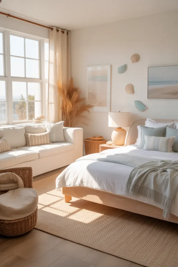 A breezy coastal living room and bedroom combo bathed in warm natural light. The space features soft pastel tones, with light blues, whites, and sandy beige hues. The bed is framed with a light wood base, and the sofa is plush and comfortable. Coastal-inspired decor, such as seashells, beachy artwork, and soft woven baskets, add to the theme. The large windows allow the light to flood the room, creating an airy, fresh feel.