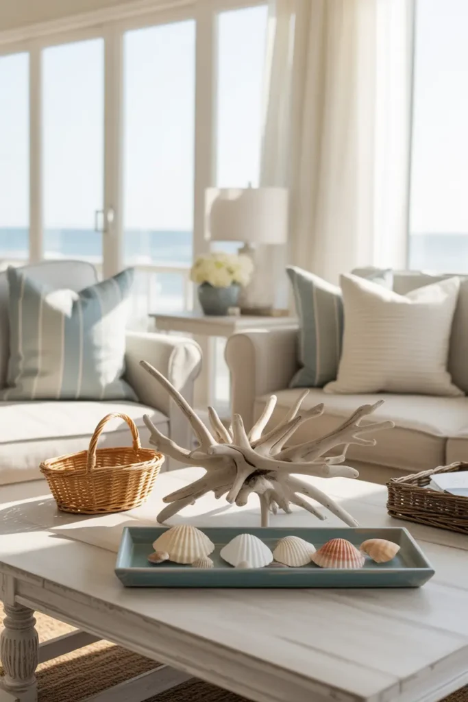 A bright, airy living room with a coastal feel, featuring a coffee table with a driftwood centerpiece, a small wicker basket, and seashells arranged artistically on a tray. The lighting is bright and natural, with soft morning sunlight spilling through large windows. The color palette includes shades of blue, white, and sandy beige, creating a refreshing, ocean-inspired vibe. The furniture is light and neutral, with a linen sofa and whitewashed wood accents. The atmosphere is breezy and calm.