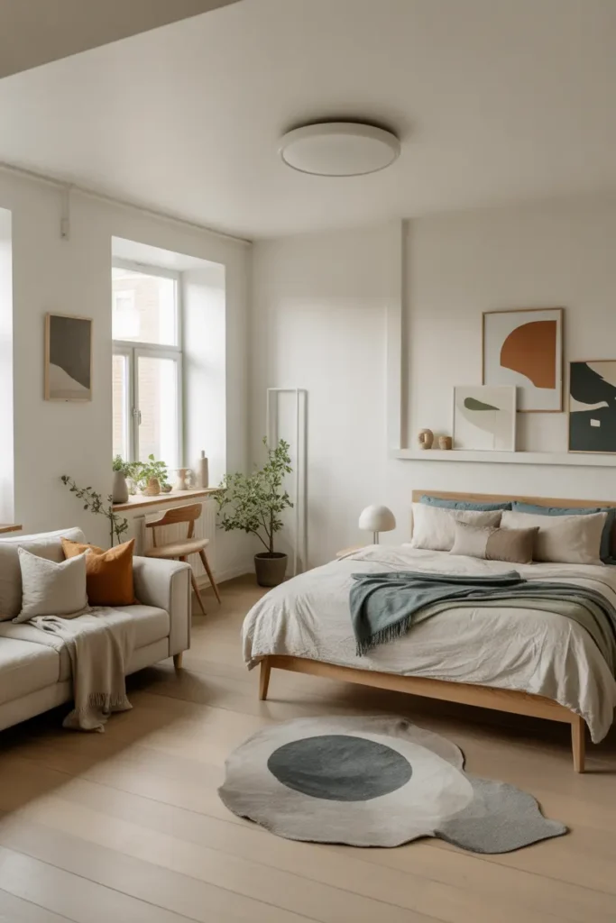 A bright, airy Scandinavian living room and bedroom combo illuminated by soft, natural light. The space features light wood floors and white walls, with pops of muted colors like soft greys, blues, and earthy tones. The bed is minimalist, with a clean-lined wood frame and light linen bedding. The sofa has simple, modern lines, paired with cozy textiles like wool throws. A few plants and geometric decor elements add freshness and balance to the space.