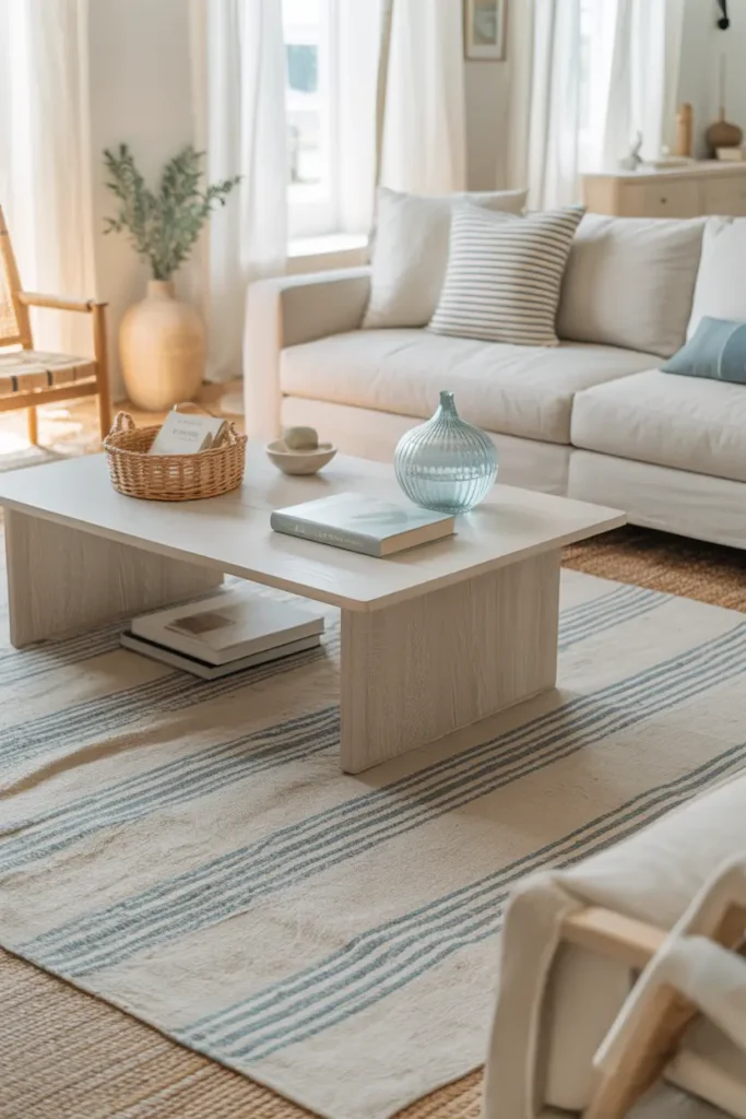 A bright coastal modern living room with a striped rug, soft natural daylight, sandy beige, soft blue, and white palette, light oak furniture, linen sofa, woven basket, glass vase, books, layered cushions, airy curtains, wide eye level shot, open layout with visual depth, soft shadows, textured fabrics, and polished Pinterest style interior photography.