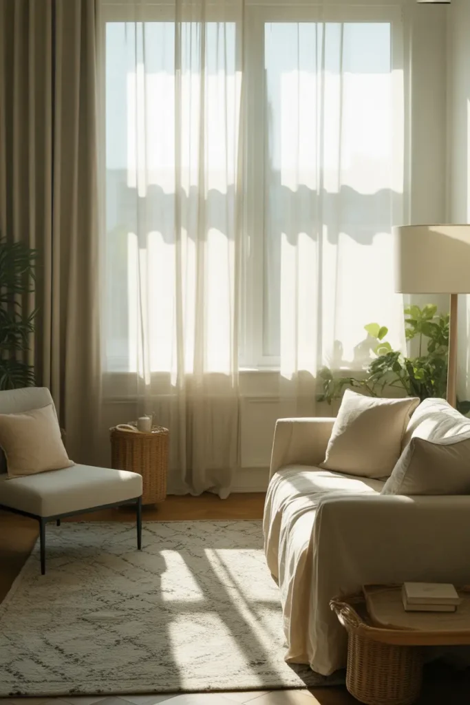 A bright living room with sheer curtains allowing soft diffused sunlight to fill the space. Neutral furniture, a cozy sofa, and a textured rug create a light, airy feel. Gentle shadows add depth, while plants and minimal decor enhance the styling. Captured in a wide shot with a calm, elegant atmosphere.