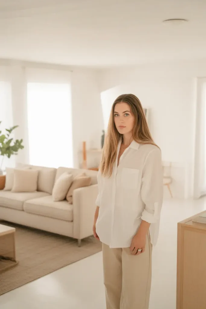  A bright living room with warm white walls, soft diffused natural light, and minimalist decor. A neutral-toned sofa sits on a textured rug, paired with light wood furniture and subtle greenery. The space feels airy and elegant, with soft shadows adding depth. Eye-level wide shot with clean layout and balanced styling.