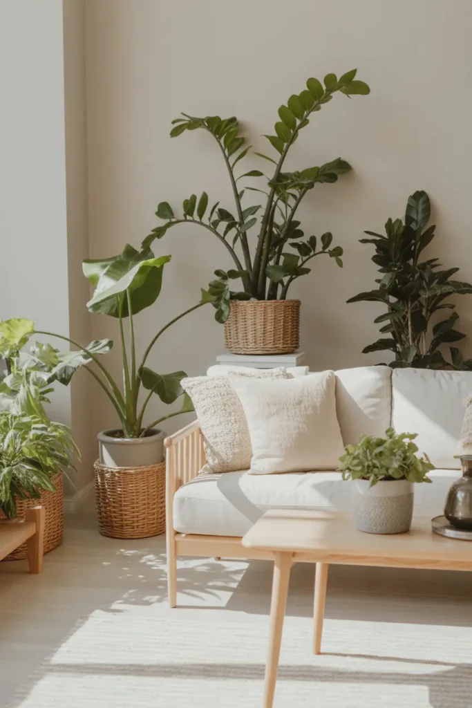 A bright Scandinavian-style living room with indoor plants placed around a neutral-toned space. Natural light fills the room, highlighting greenery against soft textures and light wood furniture. Balanced styling with layered plants creates depth. Airy, fresh atmosphere captured in a wide shot with natural, inviting energy.