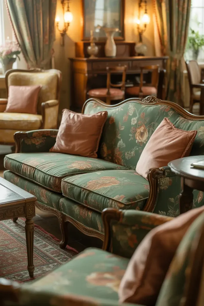  A charming vintage-inspired living room with a green floral-patterned couch as the centerpiece. The room features antique wooden furniture, such as a carved wooden coffee table and vintage lamps. Soft, warm lighting from sconces casts a gentle glow over the space, highlighting the rich textures of the velvet cushions and floral upholstery. The room’s color scheme combines earthy greens, soft yellows, and muted pinks. The camera captures a cozy, inviting atmosphere with an eye-level shot, focusing on the intricate details of the decor.