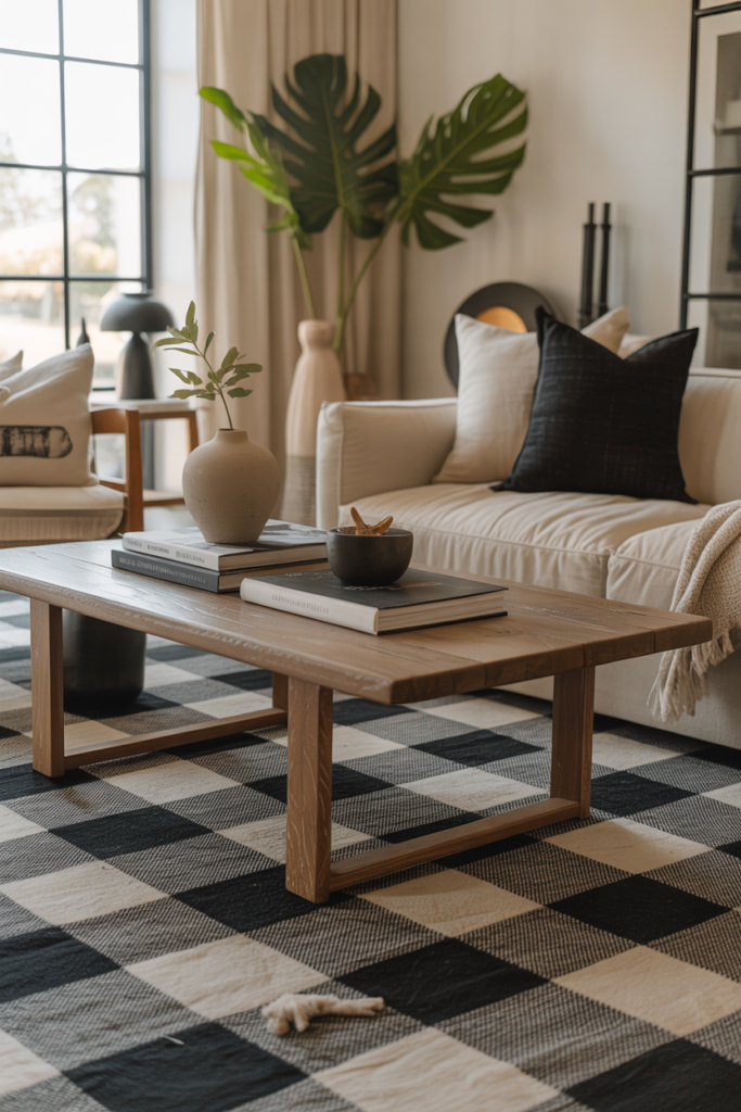 A chic modern farmhouse living room with a bold checked rug, soft morning light, warm cream and charcoal palette, oak wood coffee table, linen sofa, black accents, stacked books, ceramic vase, leafy plant, layered textiles, wide eye level shot, balanced open layout, crisp texture, soft shadows, and polished Pinterest worthy interior depth.