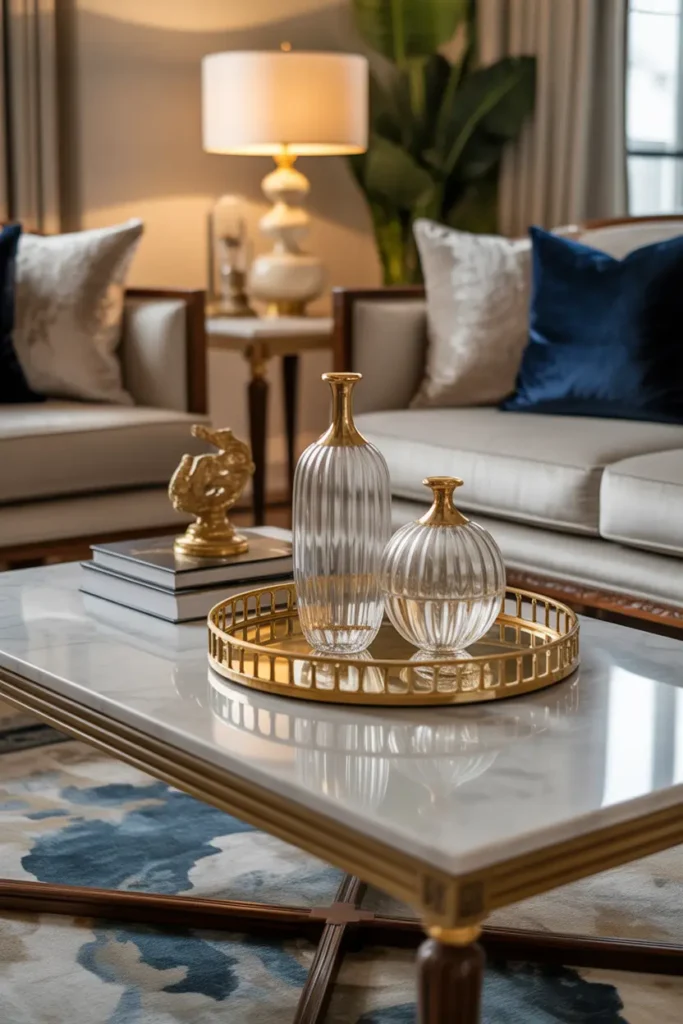  A classic, elegant living room with a marble coffee table adorned with crystal vases, a gold-trimmed tray, and a few decorative books. The lighting is warm and soft, highlighting the luxurious finishes of the decor. The color palette is neutral with accents of gold and deep blue. The furniture is classic and plush, with velvet cushions and wooden legs. The room has a polished, sophisticated vibe, with elegant touches throughout, creating an upscale atmosphere.