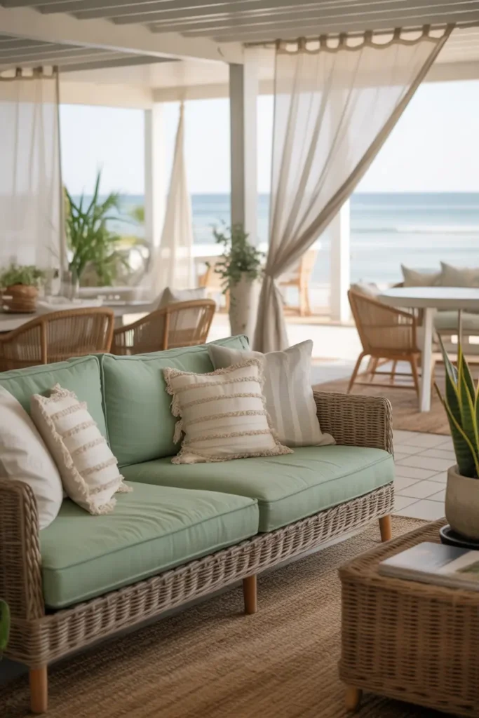  A coastal-inspired living room featuring a soft green couch that complements the light and airy feel of the room. The space is filled with natural light, with sheer curtains gently swaying in the breeze. The color palette is a mix of soft greens, sandy neutrals, and cool blues, evoking a sense of seaside tranquility. The furniture includes light wood pieces, wicker accents, and plenty of textured textiles like linen cushions and jute rugs. Plants and seashell decor bring in a touch of the beach, creating a relaxed, inviting atmosphere. The camera angle highlights the spacious, beachy feel.