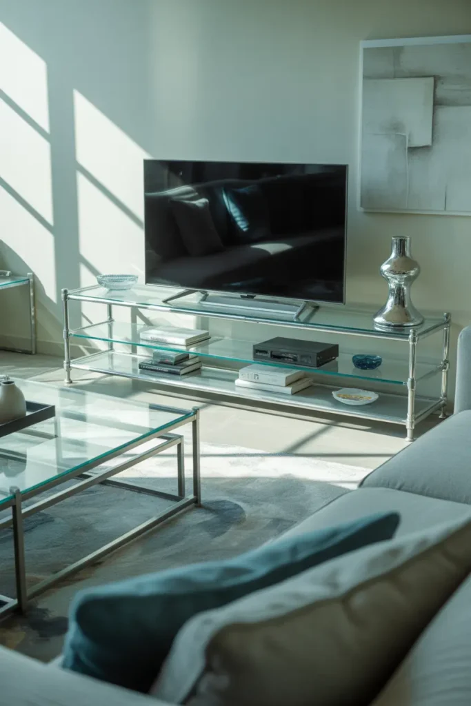  A contemporary living room with a glass shelf TV stand, soft diffused daylight, and a palette of light grey, chrome, white, and subtle blue tones. A modern sofa, acrylic coffee table, metallic accents, and abstract wall art add depth. Eye-level wide shot with reflective surfaces, soft shadows, layered decor, and a sleek, airy layout.