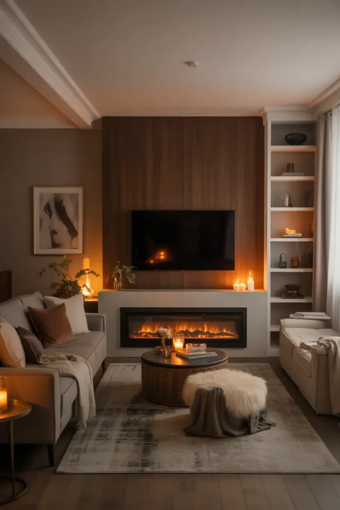 A cosy luxury living room with a fireplace TV combo unit, warm ambient glow, and a palette of taupe, cream, charcoal, and walnut. Plush sofa, layered throw blankets, textured rug, candles, art, and built-in shelving add depth. Wide straight-on shot with glowing firelight, soft shadows, rich textures, and a balanced, inviting family-room layout.