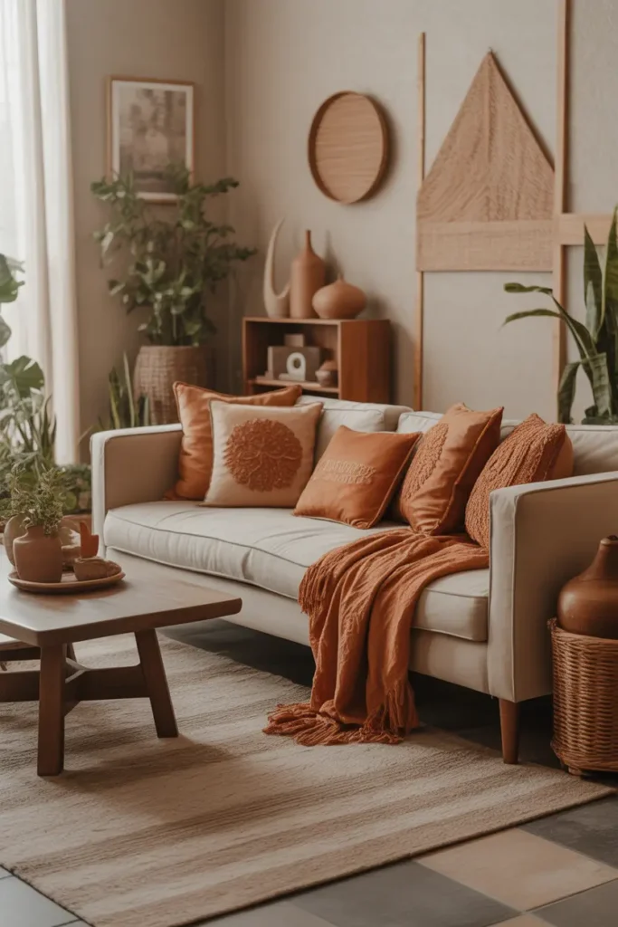 A cozy boho-inspired living room with neutral base tones and earthy accents like terracotta cushions, clay decor, and warm-toned textiles. Natural light enhances the rich textures, while plants add freshness. Layered styling with wood and ceramics creates depth. Wide shot with an inviting, warm, and grounded atmosphere.