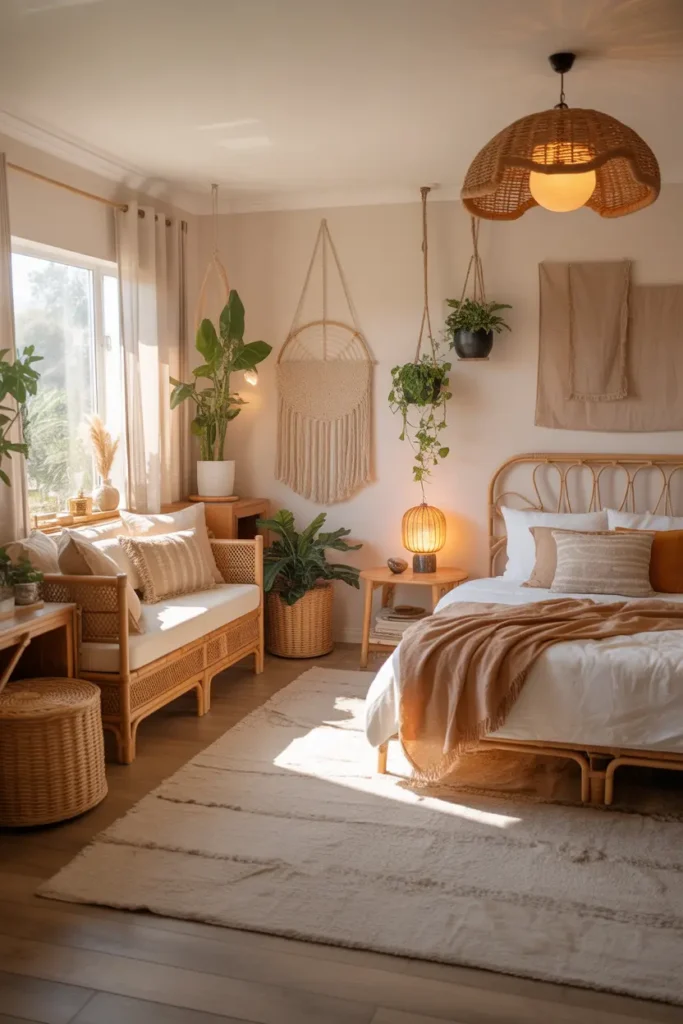 A cozy boho living room and bedroom combo in soft, natural light. Earthy tones dominate the space, with rattan furniture, linen cushions, and textured throws. The room includes a light wood bed frame and a soft, fluffy rug. Plants and hanging wall art add charm, while a warm amber glow from a pendant light enhances the room’s relaxing atmosphere. The layout features an open design, blending the living and sleeping areas seamlessly.