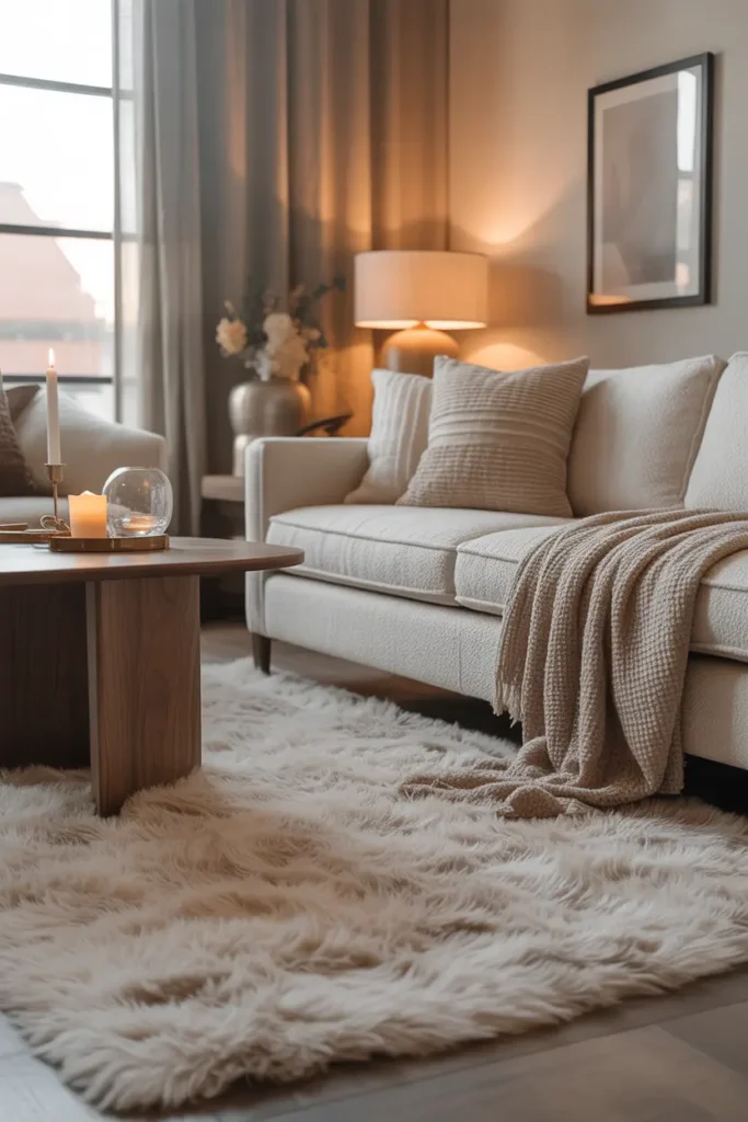 A cozy contemporary living room with a plush shag rug, warm ambient glow and soft window light, creamy white and taupe palette, boucle sofa, walnut side table, glass decor, candles, knit throw, framed art, layered cushions, wide angle shot, inviting room layout, visible fabric texture, soft folds, and luxurious Pinterest interior styling.