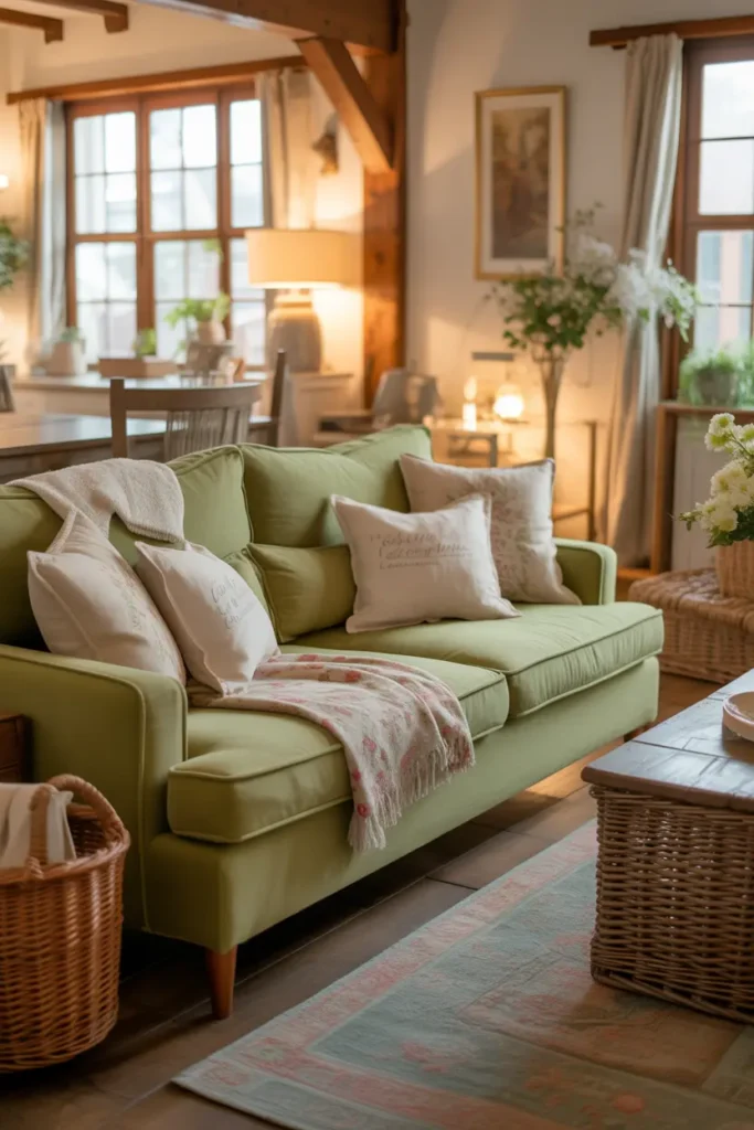  A cozy cottage-style living room with a plush green sofa as the focal point. The space is filled with warm, natural light that highlights the soft textures of the furniture and decor. The color palette includes light greens, soft creams, and warm neutrals. Wooden beams add rustic charm, and wicker baskets and floral patterns bring in a touch of countryside character. A patterned rug and vintage artwork complete the homey feel. The camera angle captures the inviting, relaxed atmosphere, showing the room’s effortless charm