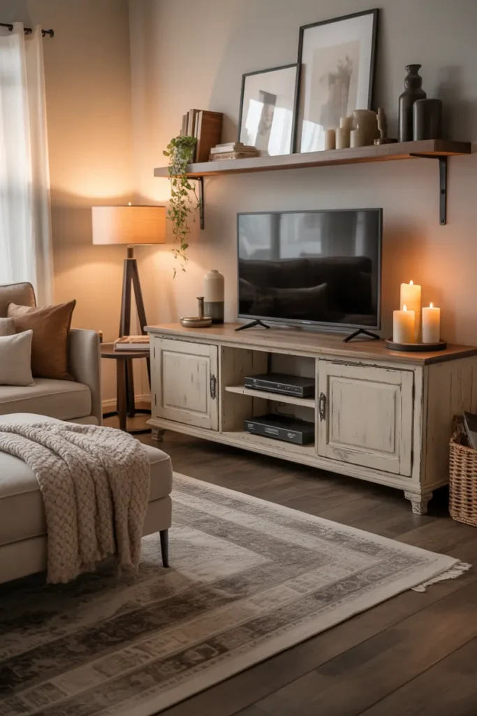  A cozy farmhouse living room with a distressed wood media cabinet, warm ambient glow, and earthy cream, taupe, and muted brown tones. A plush sofa, knitted throw, vintage rug, black metal accents, candles, and framed art add layered charm. Wide shot from eye level, with realistic wood texture, soft fabric folds, styled shelves, and an inviting family-room layout.