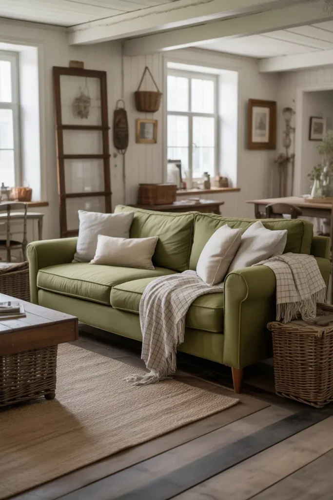 A cozy farmhouse living room with a green sofa that creates a warm and inviting atmosphere. The space is filled with natural light, highlighting the soft textures of the sofa and the rustic wooden elements. The color palette consists of muted greens, whites, and soft greys, with vintage accessories like old wooden frames, wicker baskets, and a checkered throw. The room feels spacious yet homely, with wooden floors and a simple, large woven rug anchoring the design. The wide-angle shot captures the rustic charm and cozy feel of the space.