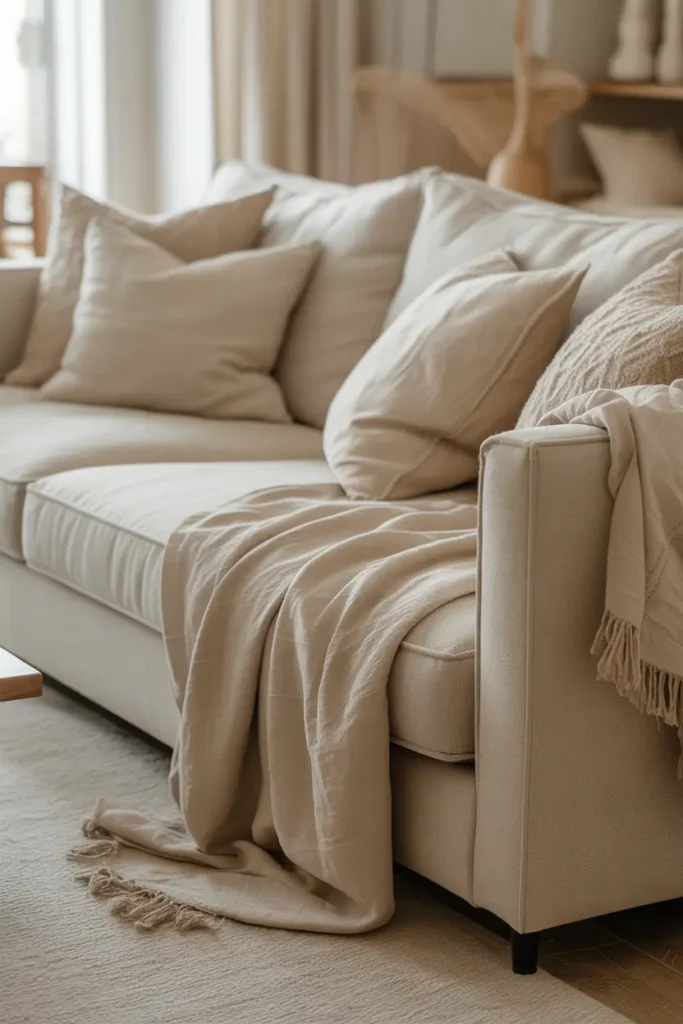 A cozy living room featuring a neutral linen sofa draped with soft throws and cushions. The room is filled with natural light, highlighting the soft, inviting textures. A simple wooden coffee table and neutral accents complete the relaxed vibe. The color palette remains light, with beige and soft neutrals. The atmosphere is warm, yet minimal, exuding both comfort and sophistication.
