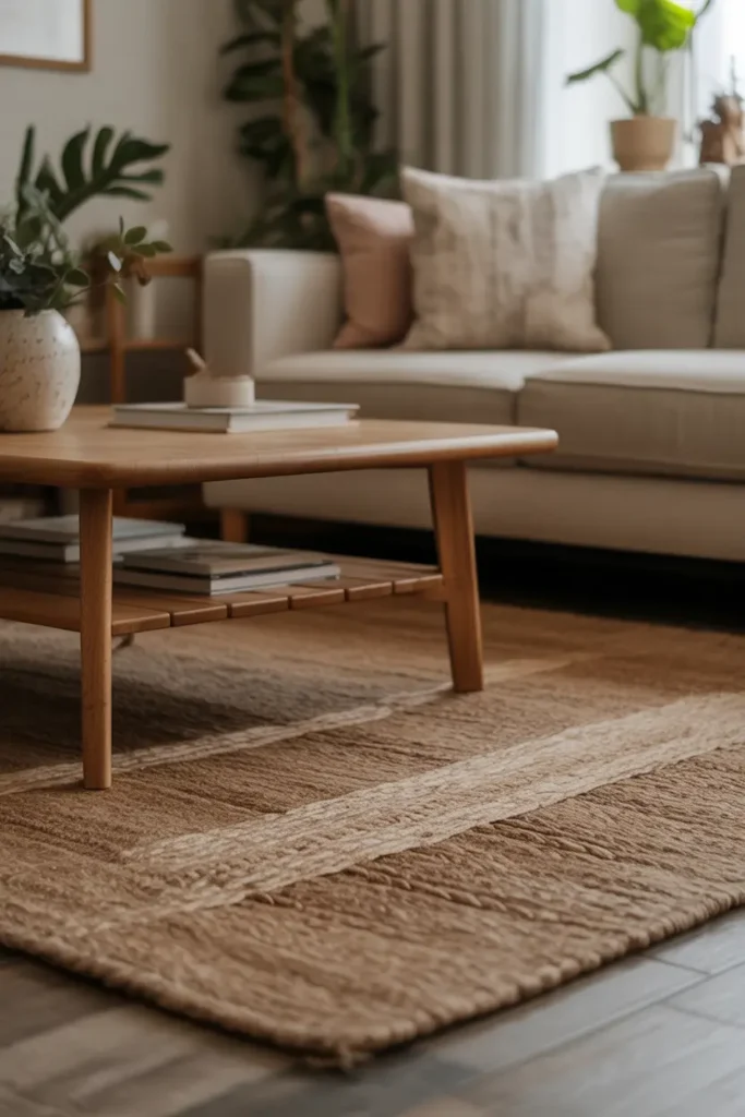 A cozy living room featuring a textured neutral rug made of wool or jute, layered beneath a modern sofa and wooden coffee table. Soft natural light highlights the woven details and adds depth. Styled with plants, books, and subtle decor. Relaxing, earthy atmosphere with a balanced layout, captured in a wide interior shot.