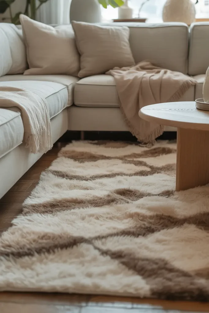 A cozy living room with a soft textured rug in neutral tones, creating a comfortable, inviting atmosphere. The rug is layered beneath a neutral sofa, with soft cushions and a light wooden coffee table. Natural light filters in, illuminating the room's cozy details, while subtle textures add warmth and depth. The overall vibe is calm and relaxed, perfect for lounging.