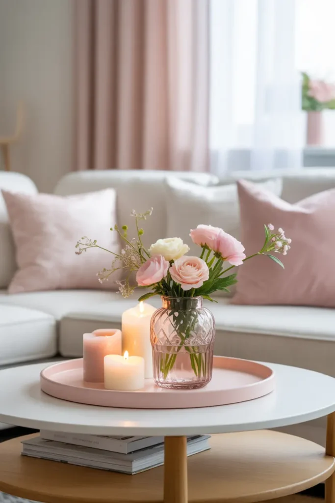  A cozy living room with soft pastel accents, featuring a coffee table adorned with a delicate glass vase holding fresh flowers, a few pastel-colored candles, and a small stack of books. The room is bathed in soft, natural light, creating a calm and serene ambiance. The color palette is light, with soft pinks, blush, and pale blues, complemented by white and beige furniture. The overall atmosphere is light, feminine, and inviting, perfect for a relaxing space.