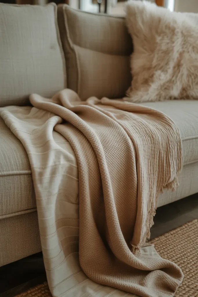  A cozy modern living room with layered throw blankets draped over a neutral-toned sofa. Soft wool and cotton textures in warm neutral shades create depth. Natural light enhances fabric folds, while a textured rug and minimal decor complete the scene. Inviting, relaxed mood captured in a close-up angled shot with styled layering.