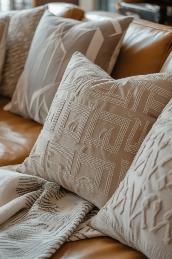  A cozy modern living room with neutral pattern cushions featuring subtle geometric and textured designs. The cushions are layered on a soft-toned sofa with a textured throw. Natural light enhances fabric details, while warm tones create a relaxed atmosphere. Close-up angled shot with depth and cozy styling.