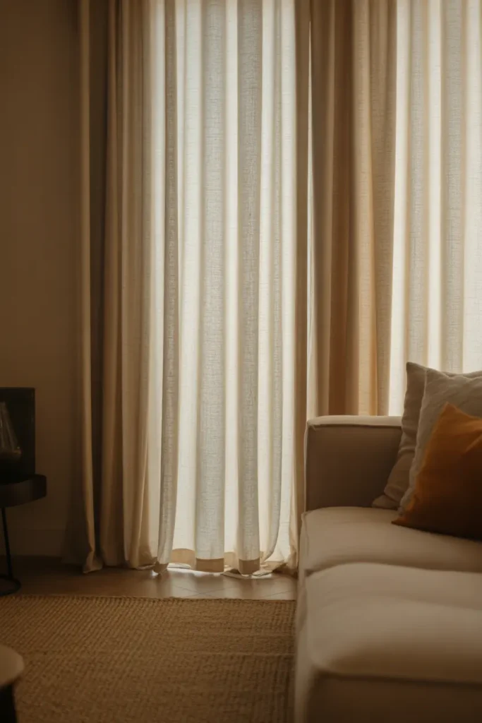  A cozy modern living room with soft neutral curtains made of linen, gently flowing with natural light. Warm tones and soft textures create an elegant and airy feel. The space includes a neutral sofa, textured rug, and subtle decor. Captured in a wide shot with soft lighting and calm, inviting atmosphere.