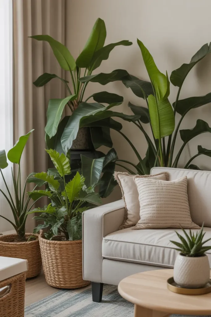 A cozy, neutral living room with indoor plants placed throughout the space, bringing in natural greenery. The plants are balanced with neutral furniture and decor, and soft natural light enhances the vibrant green tones. A relaxed and inviting atmosphere is created by the contrast between lush plants and the soft beige surroundings.