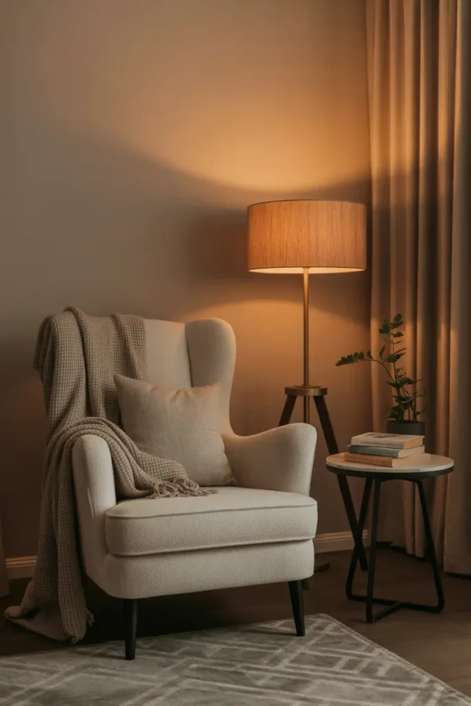 A cozy reading corner in a neutral-toned living room featuring a plush armchair, soft throw blanket, and a warm floor lamp. A small side table holds books and a plant. Soft ambient lighting creates a relaxing atmosphere. Styled corner shot with layered textures and an inviting, peaceful mood.