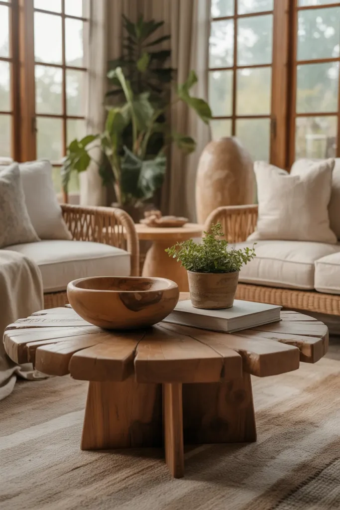 A cozy, rustic living room with a wooden coffee table featuring raw, natural wood textures. The table is styled with a wooden bowl, a small potted plant, and a few stacked books. Soft, natural light pours in from large windows, illuminating the rich grain of the wood. The color palette is earthy with neutral tones like beige, brown, and green. The furniture is a mix of linen and rattan, with a warm, inviting feel. The overall atmosphere is grounded, rustic, and organic.
