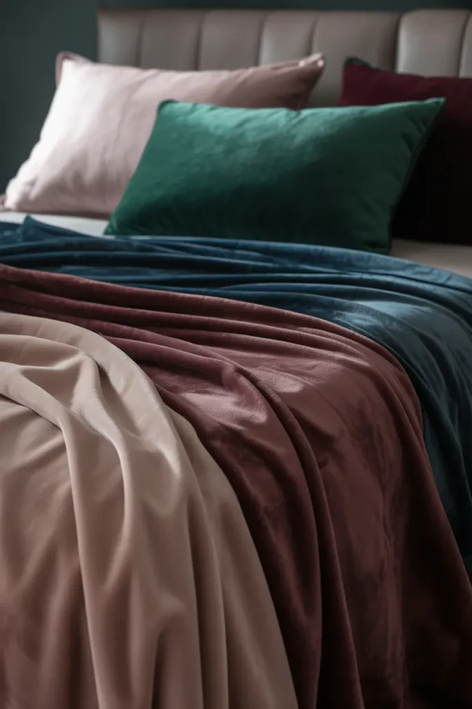 A dark romantic bedroom adorned with luxurious throw blankets. The style is contemporary with a focus on comfort and texture, featuring a plush, oversized throw in deep jewel tones like emerald green, burgundy, and navy. The color palette is rich and inviting, with soft neutrals like beige and cream complementing the darker tones. The throw is made of velvety soft fabric, draped casually over a sleek bedframe. The lighting is soft and diffused, casting a warm, cozy glow over the textured blankets. A close-up shot highlights the texture of the fabric and the layered look.