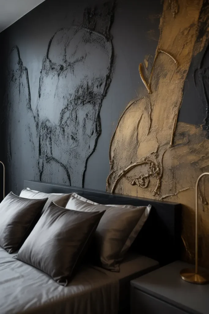 A dark romantic bedroom adorned with textured wall art. The style is minimalist with modern artistic flair, featuring oversized, abstract wall art with raised elements and deep colors like charcoal and metallic gold. The texture contrasts beautifully with the smooth matte finish of the walls, adding a tactile element to the design. The color palette includes a mix of dark tones and subtle metallic accents. A minimalist bed and sleek furniture set the stage for the artwork to stand out. The camera focuses on the art, highlighting the raised texture and the play of light and shadow.