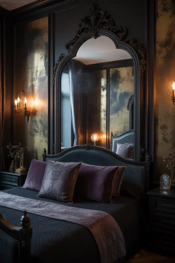 A dark romantic bedroom featuring a gothic mirror as a statement piece. The design leans into a gothic-inspired style with ornate, dark-framed mirrors paired with vintage furnishings. The color palette combines deep blacks, dark purples, and antique gold for a moody, dramatic vibe. The large mirror reflects the ambient golden light, casting soft shadows across the room. A velvet bedspread, with intricate patterns, adds texture, while delicate wall sconces on either side of the mirror provide soft illumination. The shot is a wide-angle, focusing on the mirror and how it enhances the overall room.