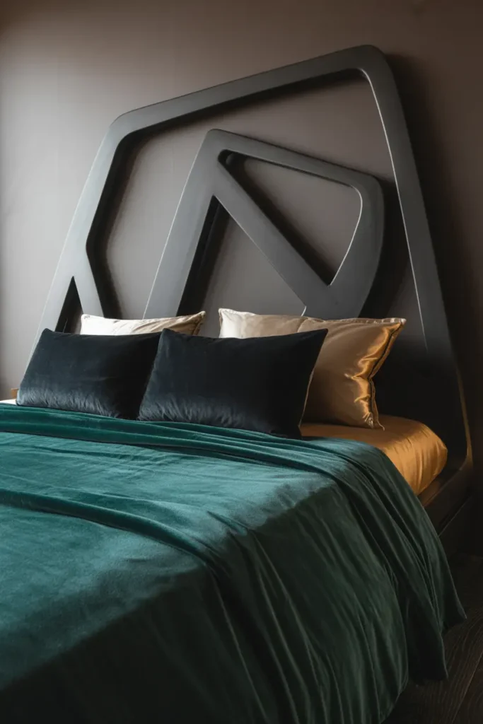 A dark romantic bedroom featuring a sculptural bed frame. The design combines modern minimalism with artistic flair, featuring a unique, geometric bed frame in matte black or dark metal. The bed is adorned with rich velvet bedding in deep jewel tones like emerald and midnight blue. The color palette includes shades of black, gold, and soft neutrals, with soft ambient lighting that highlights the clean lines of the bed frame. A wide-angle shot captures the artistic design of the bed, emphasizing its bold presence in the room.