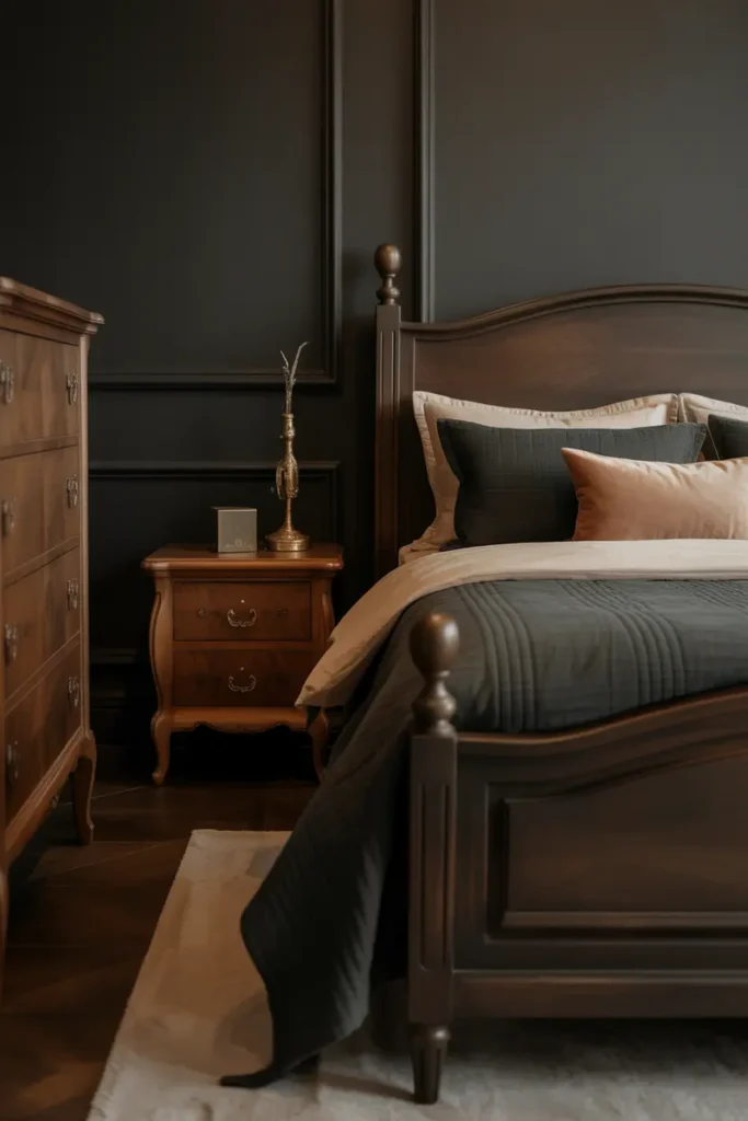A dark romantic bedroom featuring dark wood furniture. The design incorporates rustic, elegant pieces like a dark walnut bed frame, a vintage dresser, and a rich wood nightstand. The color palette is a combination of deep earth tones, such as walnut brown, charcoal gray, and dark forest green, complemented by gold and brass accents. Soft, warm lighting highlights the natural grain of the wood, enhancing the room's rich textures. The shot captures the contrast between the dark wood furniture and the luxurious textiles, emphasizing the cozy, romantic atmosphere.