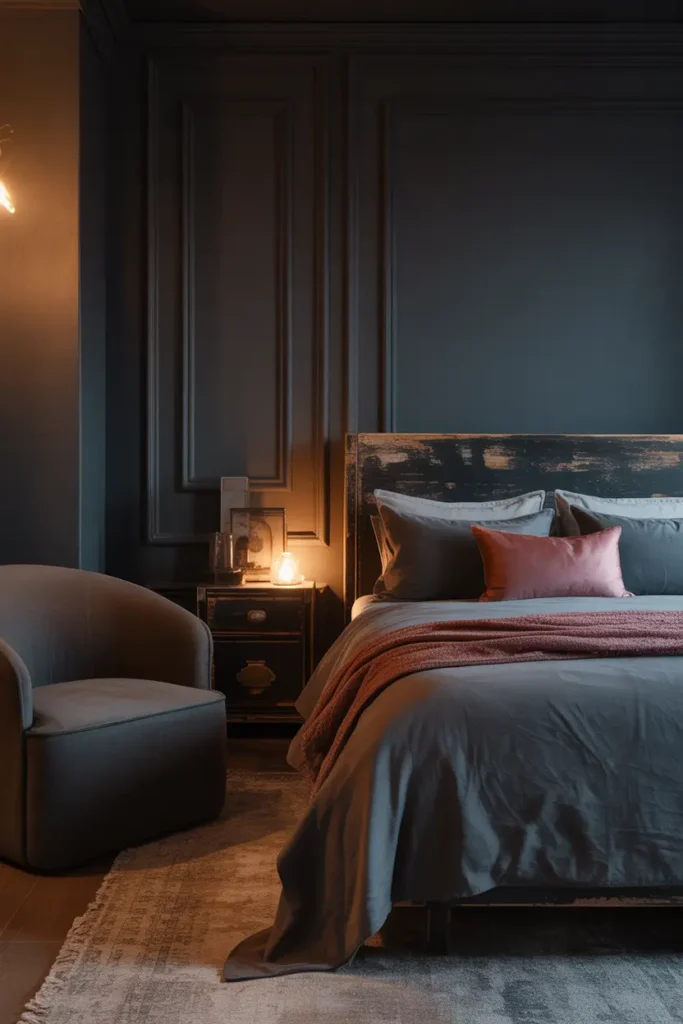 A dark romantic bedroom featuring deep, romantic wall colors. The style is modern with vintage touches, incorporating dark matte charcoal walls and a distressed wooden bedframe. Soft golden lighting highlights the room’s key elements, adding warmth to the cool, dark walls. The furniture includes an oversized velvet armchair, a vintage lamp, and a textured rug. The color scheme incorporates shades of charcoal, burgundy, and hints of gold for a touch of elegance. A close-up shot captures the layered textures and romantic atmosphere, highlighting the contrast between dark walls and soft lighting.