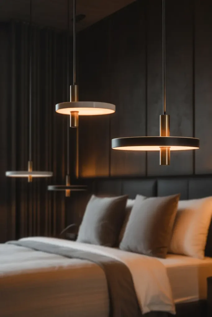 A dark romantic bedroom featuring a whimsical canopy bed. The style is vintage-inspired with a modern twist, featuring a bed with flowing draped fabrics hanging from a sleek metal frame. The color palette is a mix of deep navy, charcoal, and soft ivory, with the canopy fabric in rich, airy linen. Soft, diffused lighting creates a dreamy glow, highlighting the gentle movement of the canopy fabric. The shot focuses on the bed’s elegant drapery and the sense of intimacy it adds to the space.