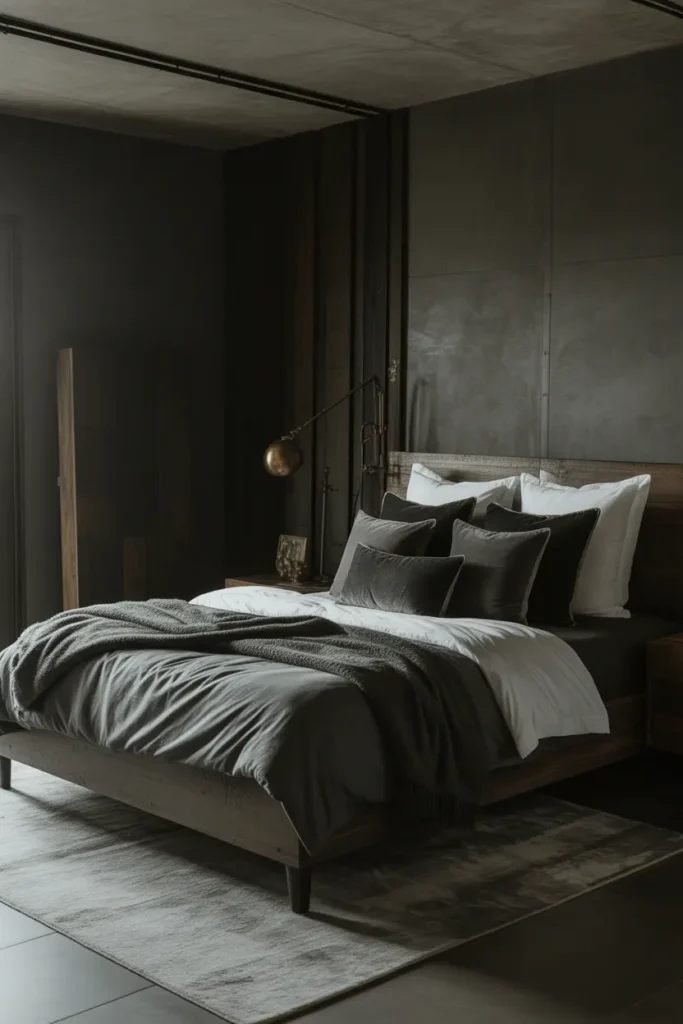 A dark romantic bedroom featuring industrial chic elements. The room blends modern industrial style with cozy romantic details. Exposed metal light fixtures, a weathered wood bed frame, and raw concrete walls are contrasted with plush, soft furnishings like velvet throw pillows and a thick area rug. The color palette is made up of deep greys, blacks, and metallic accents like brass. The lighting is soft but directional, casting shadows and highlights that accentuate the industrial design elements. A wide shot captures the space, focusing on the contrast between hard industrial materials and soft, luxurious textures.