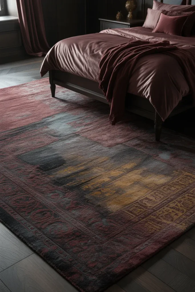 A dark romantic bedroom featuring textured rugs. The design incorporates a large, plush area rug with deep patterns in shades of burgundy, charcoal, and soft gold. The rug's texture adds depth and warmth to the space, contrasting beautifully with the dark wood furniture and velvet bedding. The color palette is rich and inviting, with the rug’s intricate designs drawing attention and adding visual interest. A close-up shot captures the detailed textures of the rug, highlighting its softness and the way it complements the rest of the room’s decor.