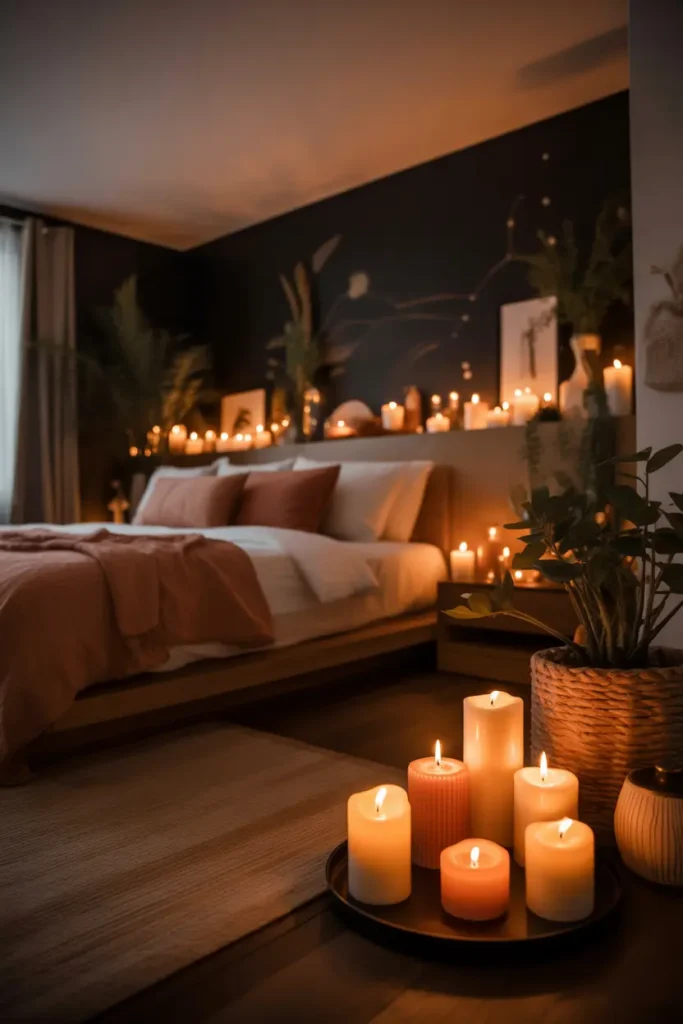 A dark romantic bedroom illuminated by candlelit warmth. The design is modern boho with soft, ambient lighting from an array of candles in different sizes and shapes. The color palette includes earthy tones like terracotta, deep browns, and soft creams, creating a warm, cozy atmosphere. A low platform bed with textured bedding sits against a dark-painted wall, while plants and woven decor add natural elements to the room. The camera focuses on a corner of the room where the candles create a soft, flickering glow that enhances the cozy mood.
