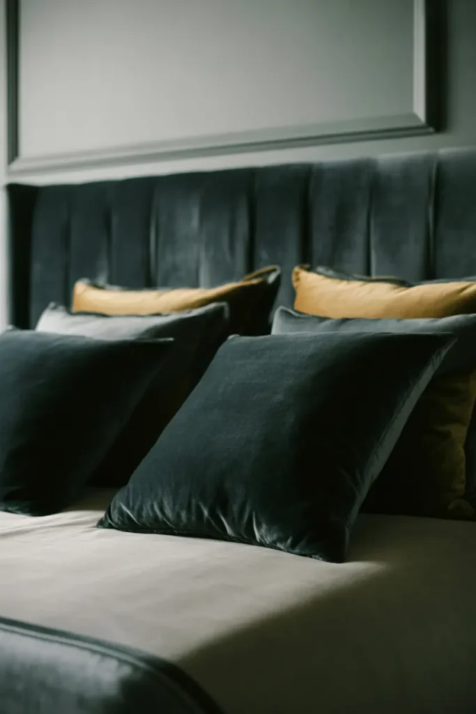 A dark romantic bedroom with a velvet upholstered headboard. The design features a luxurious, deep black velvet headboard paired with a minimalist bed frame. The color palette includes muted tones of charcoal, soft gray, and warm gold accents. The lighting is soft and diffused, highlighting the rich texture of the velvet. The room is accented with plush bedding and elegant throw pillows, all arranged to enhance the sense of opulence. A wide-angle shot captures the depth of the headboard, focusing on the tactile quality of the fabric and how it complements the overall dark romantic aesthetic.