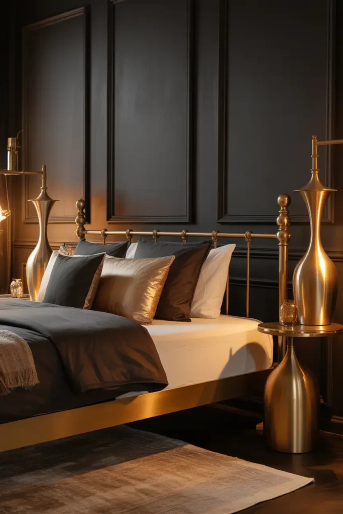 A dark romantic bedroom with mirrored furniture. The style is modern glam, combining dark tones with reflective surfaces for a dramatic effect. The furniture includes a mirrored dresser, nightstands, and decorative accessories, adding a touch of luxury and sophistication. The color palette is a blend of deep grays, blacks, and silver accents. Soft lighting creates reflections off the mirrored surfaces, creating a luminous atmosphere. The shot focuses on the reflective surfaces, highlighting the intricate details of the mirrored furniture and how they enhance the room.