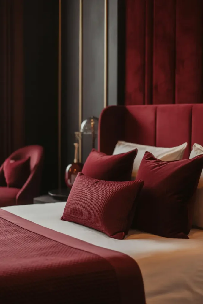 A dark romantic bedroom with burgundy accents. The design features rich burgundy details, including velvet throw pillows, a bedspread, and accent chairs. The room's color palette combines deep reds, soft blacks, and gold accents, creating a dramatic yet cozy atmosphere. The lighting is soft and warm, casting a gentle glow over the burgundy elements, which stand out beautifully against darker walls. A wide shot captures the contrast between the bold burgundy accents and the room’s dark, romantic undertones.