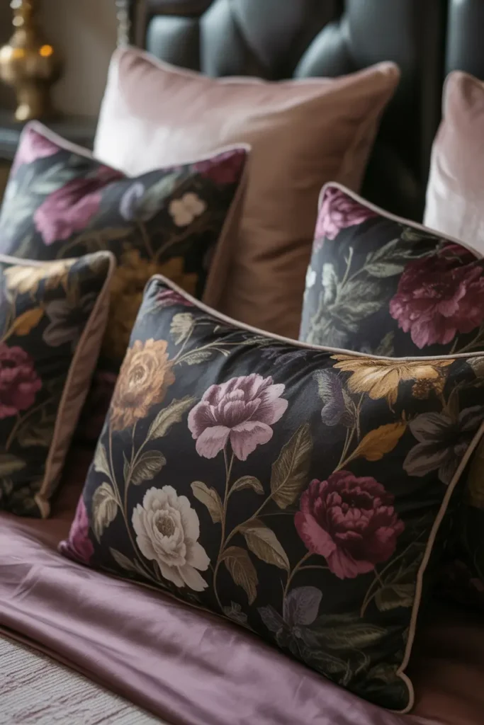 A dark romantic bedroom with floral throw pillows. The design is elegant and soft, featuring a mix of dark velvet pillows with intricate floral patterns in shades of burgundy, deep purple, and gold. The room’s color palette combines muted neutrals like beige and soft taupe with rich jewel tones. The floral pillows are arranged neatly on the bed, with the floral patterns providing a striking contrast against the dark bedding. The shot focuses on the pillows' textures and patterns, highlighting how they enhance the romantic atmosphere of the room.