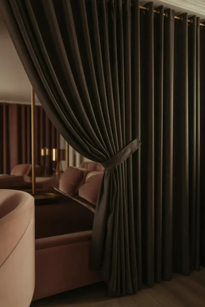 A dark romantic bedroom with luxe blackout curtains. The design is modern yet cozy, with heavy, floor-to-ceiling curtains in a deep matte black, blocking out any light and creating an intimate atmosphere. The room features soft, muted tones like warm beige and deep burgundy, balanced with gold accents on the lamps and mirrors. The curtains add a sense of drama and privacy, enhancing the romantic vibe. The lighting is soft, casting shadows across the space, and the shot focuses on the curtains’ rich texture and the sense of tranquility they bring to the room.