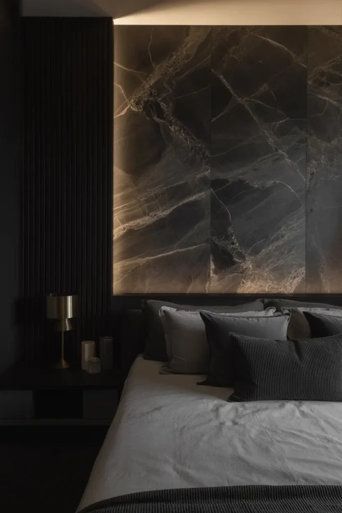 A dark romantic bedroom with rich marble accents. The design incorporates a dark marble accent wall, with subtle veining in shades of black, gray, and white, paired with modern furnishings like a minimalist bedframe and brass lighting fixtures. The room's color palette is a blend of deep blacks, grays, and subtle whites, creating a chic and sophisticated vibe. The shot focuses on the luxurious veining of the marble and how it complements the overall dark romantic theme, with soft lighting accentuating its natural beauty.