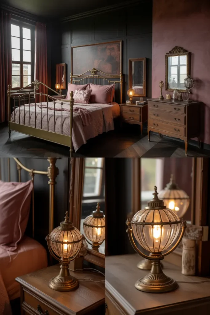 A dark romantic bedroom with vintage touches. The design is a blend of classic romantic and vintage elements, with antique furniture pieces like a wrought-iron bedframe, an old-fashioned vanity, and vintage lighting fixtures. The color palette includes deep burgundy, dusty rose, and dark wood tones, with pops of brass and gold. The room is bathed in soft, golden lighting, which highlights the patina of the vintage furniture. A close-up shot focuses on a vintage lamp and a decorative mirror, showcasing the details and textures of the pieces.