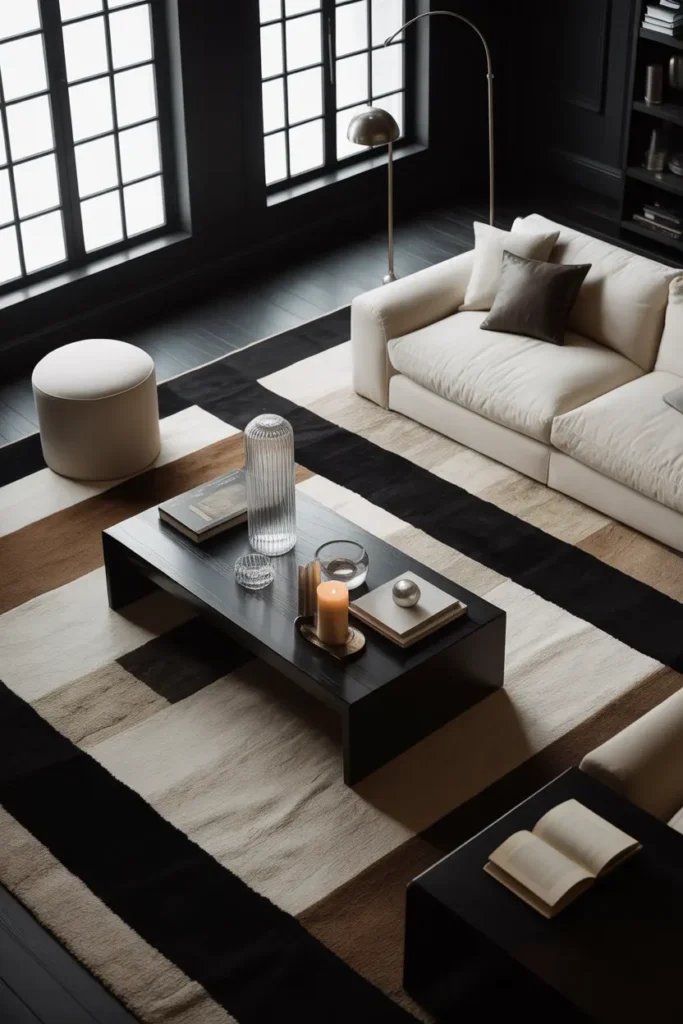  A dramatic contemporary living room with a high contrast rug, bright natural window light, black, ivory, and walnut palette, sleek cream sofa, dark wood table, metal floor lamp, glass decor, books, candles, structured cushions, wide eye level shot, layered foreground styling, crisp lines, strong shadows, and luxury Pinterest editorial photography with modern spatial depth.