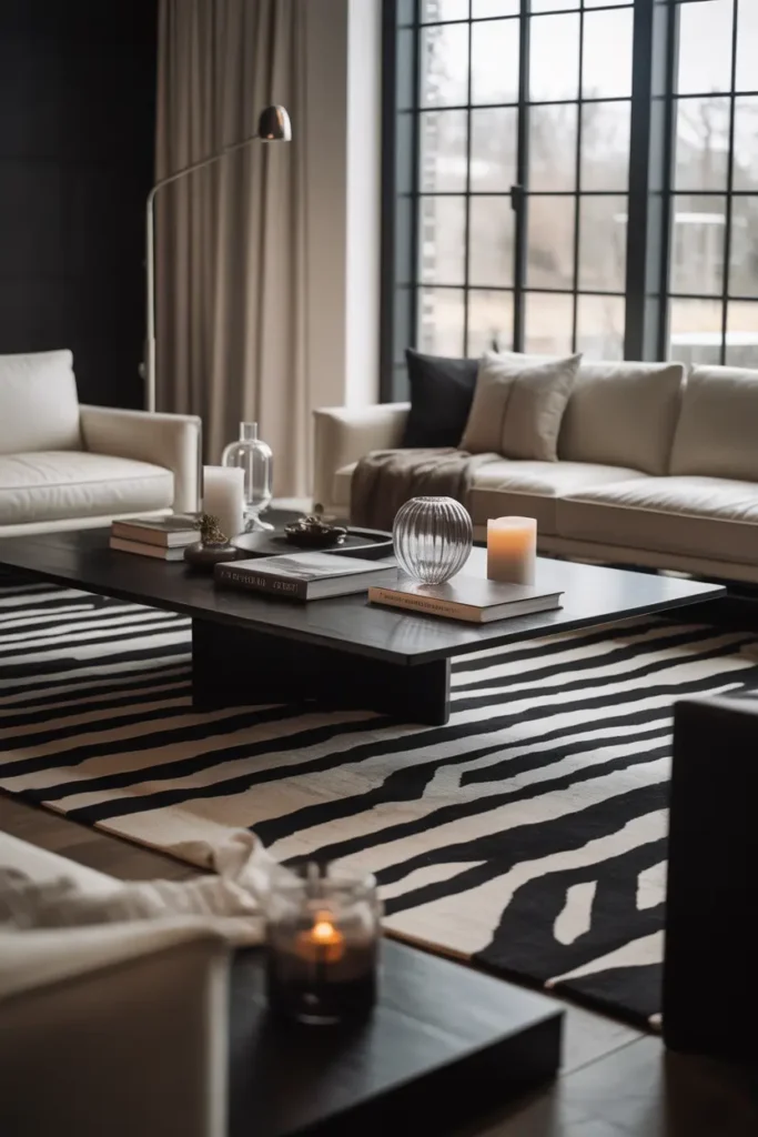 A vibrant eclectic living room with a statement colour rug, golden hour sunlight, terracotta, deep green, dusty blue, and cream palette, mid century sofa, wood coffee table, brass lamp, framed art, leafy plant, textured throw, wide eye level shot, curated layered decor, soft fabric folds, warm glow, and high end Pinterest style interior photography with rich dimension.