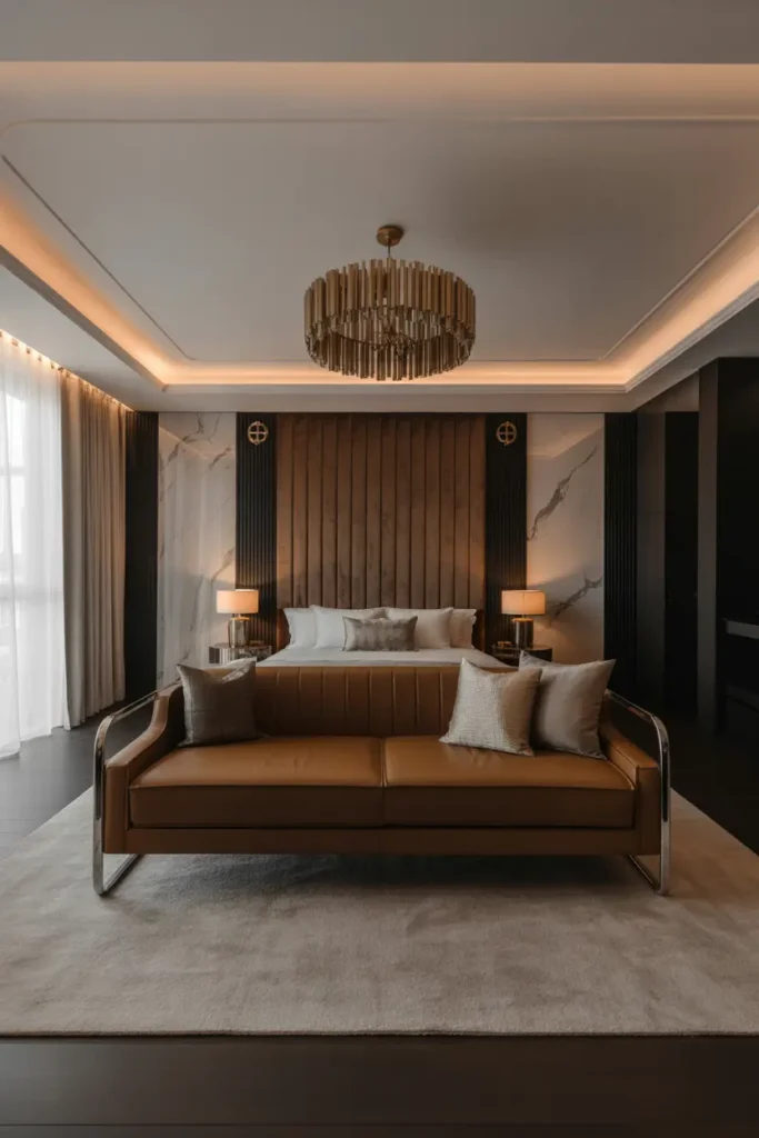 A high-end living room and bedroom combo drenched in soft, ambient lighting. The color palette is monochrome with accents of rich gold and marble. The bed features a velvet upholstered headboard, while the sofa is modern and sleek, crafted in leather and polished metal. A large, luxurious rug anchors the room, and a statement chandelier adds elegance. The space feels spacious and clean, with a carefully curated layout that highlights the luxurious, contemporary aesthetic.